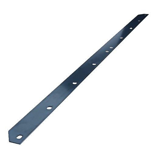 Long black metal blade wear strip with multiple mounting holes for tools and home improvement applications