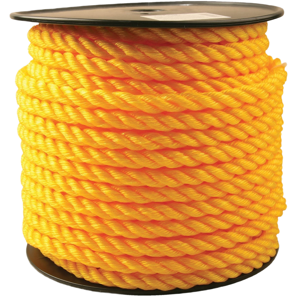 Large spool of bright yellow twisted polypropylene rope for general use in tools and home improvement projects