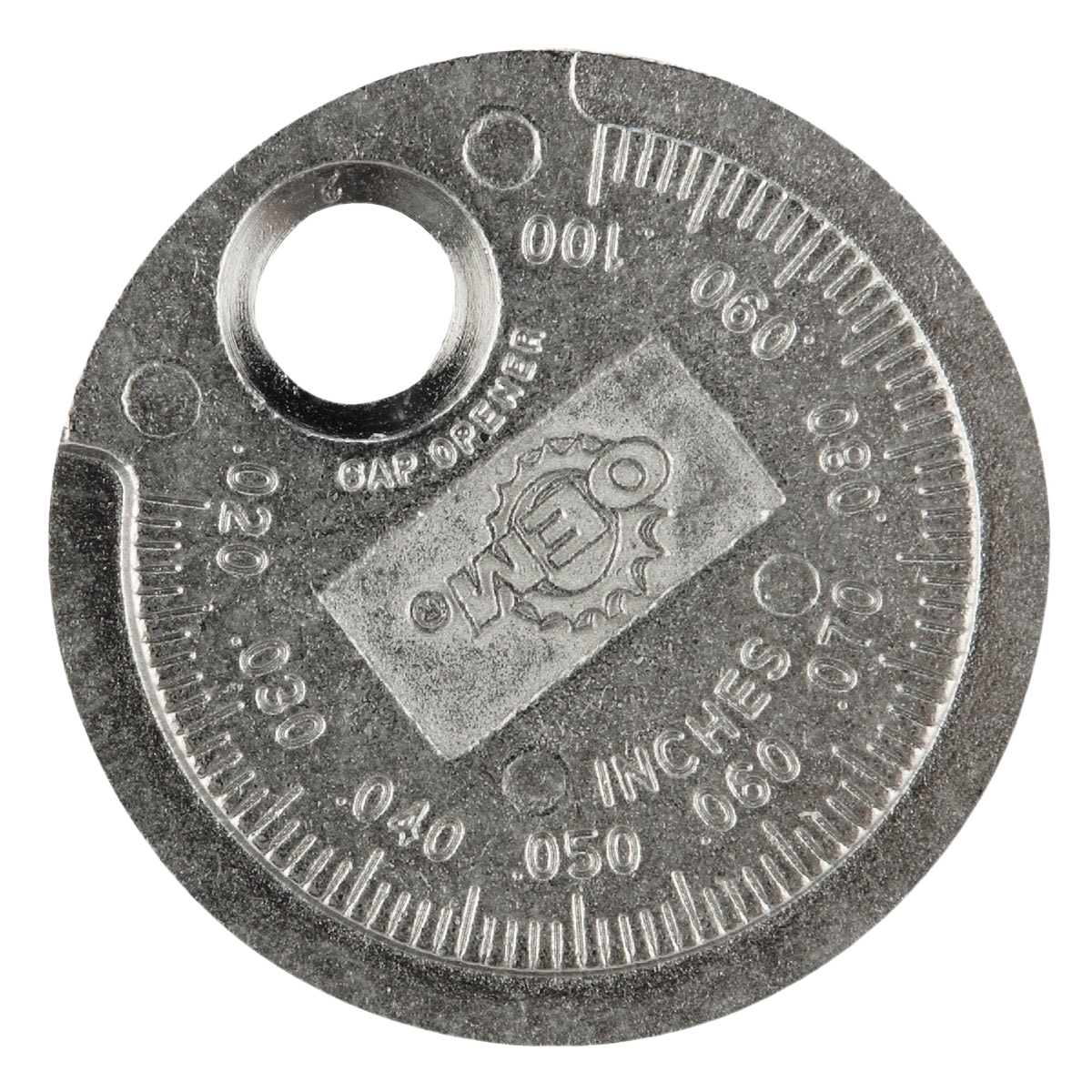 Metal circular spark plug gap tool with etched measurement markings in inches for precise gap adjustments in tools and home improvement tasks