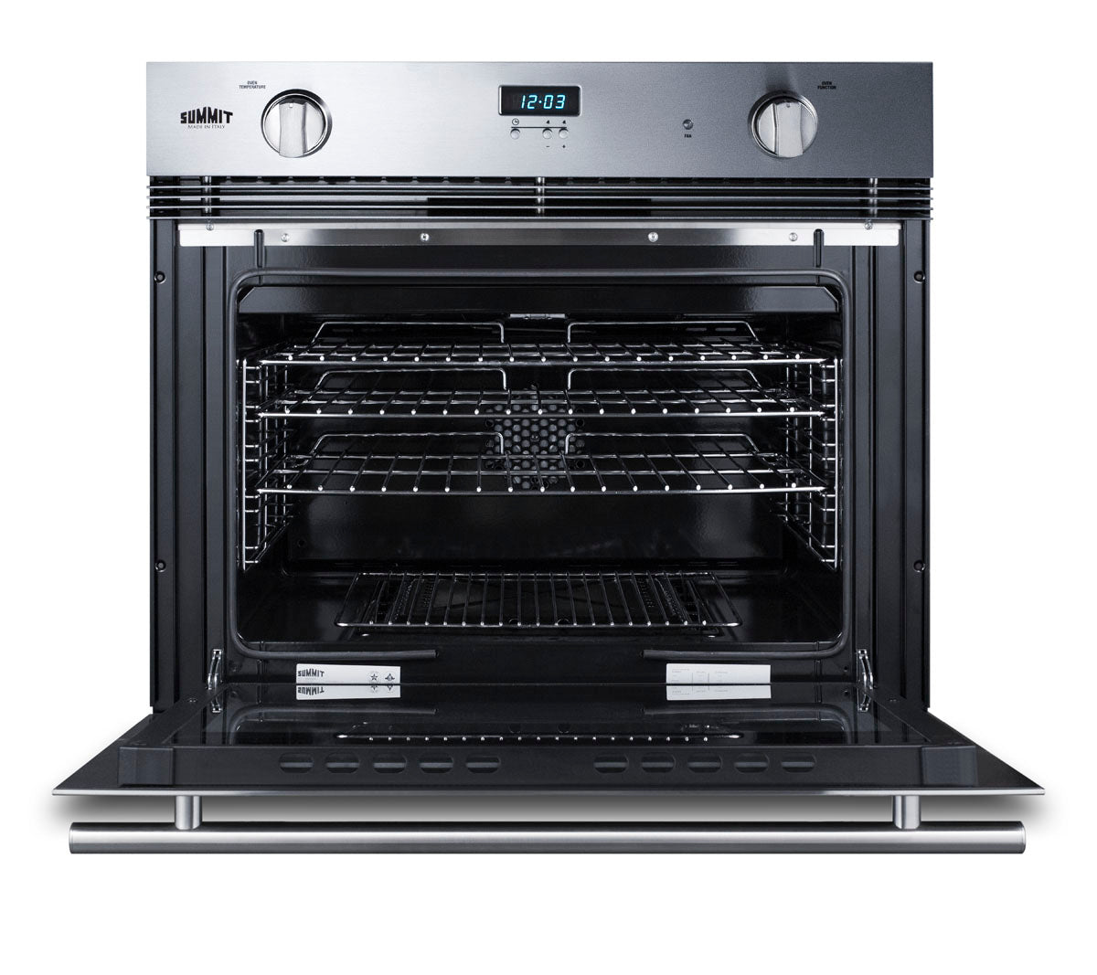 Stainless steel wall oven with open door, dual control knobs, digital clock, and multiple oven racks for cooking tasks