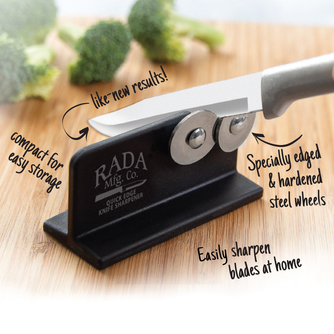 Black Rada Knife Sharpener with dual hardened steel wheels on a wooden surface in kitchen gadgets under $50 collection