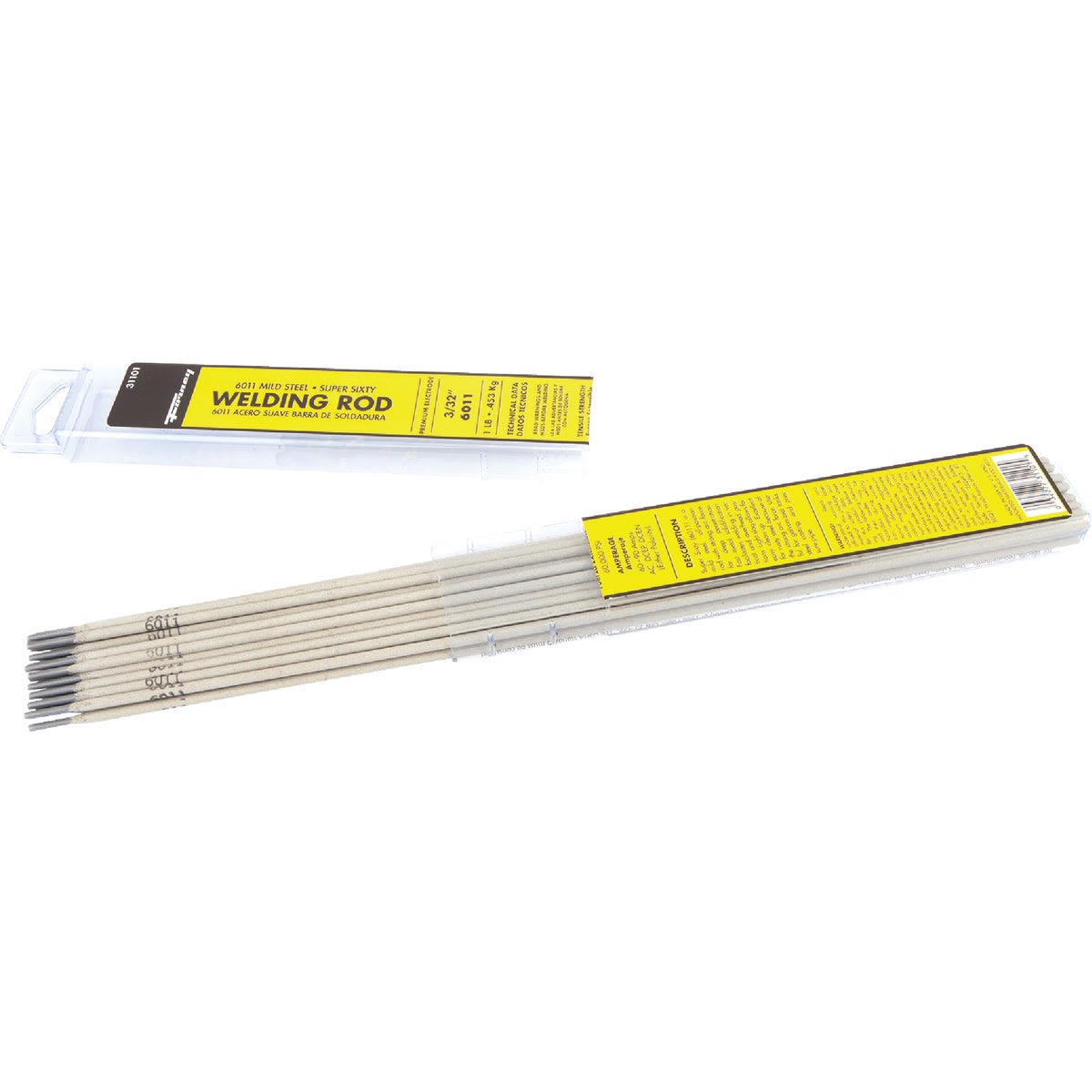 Set of mild steel welding electrodes with yellow labels for deep penetration welding in tools and home improvement use