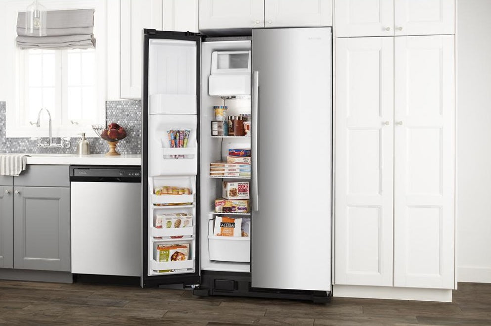 36-inch side-by-side refrigerator with open freezer door showing organized frozen food and clear door bins in kitchen setting
