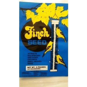 Blue and yellow packaging of deluxe finch seed featuring illustrated finches feeding on a hanging seed feeder design