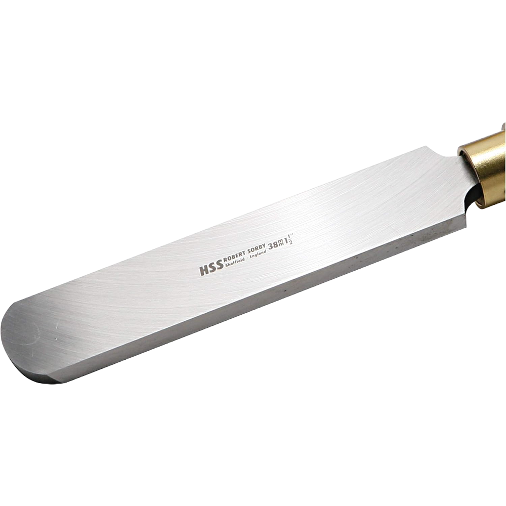 Full round scraper blade with polished steel surface and brass ferrule, designed for woodworking tools in Robert Sorby collection