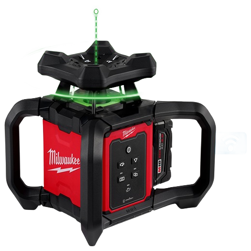 Compact red and black rotary laser level with green laser lines and dual handles for precise interior home improvement tasks