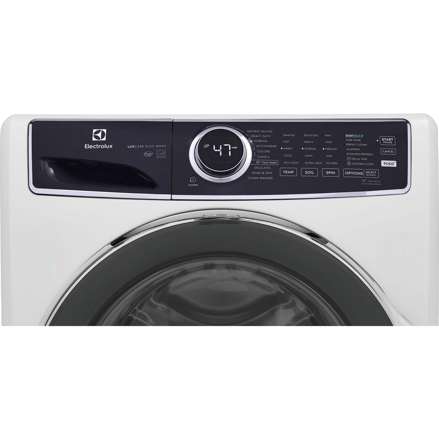 White front load washer control panel with digital display and multiple cycle options, part of washers appliance collection