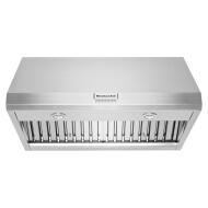 Stainless steel wall-mounted canopy range hood with high CFM motor and baffle filters from KitchenAid Appliances collection