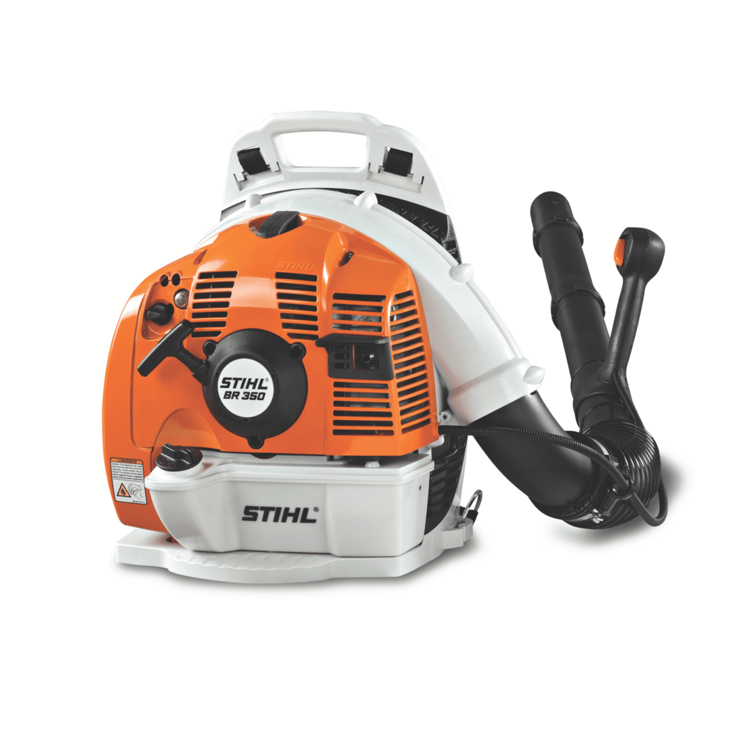 Orange and white backpack blower with black flexible hose and ergonomic handle for outdoor tool use and home improvement tasks