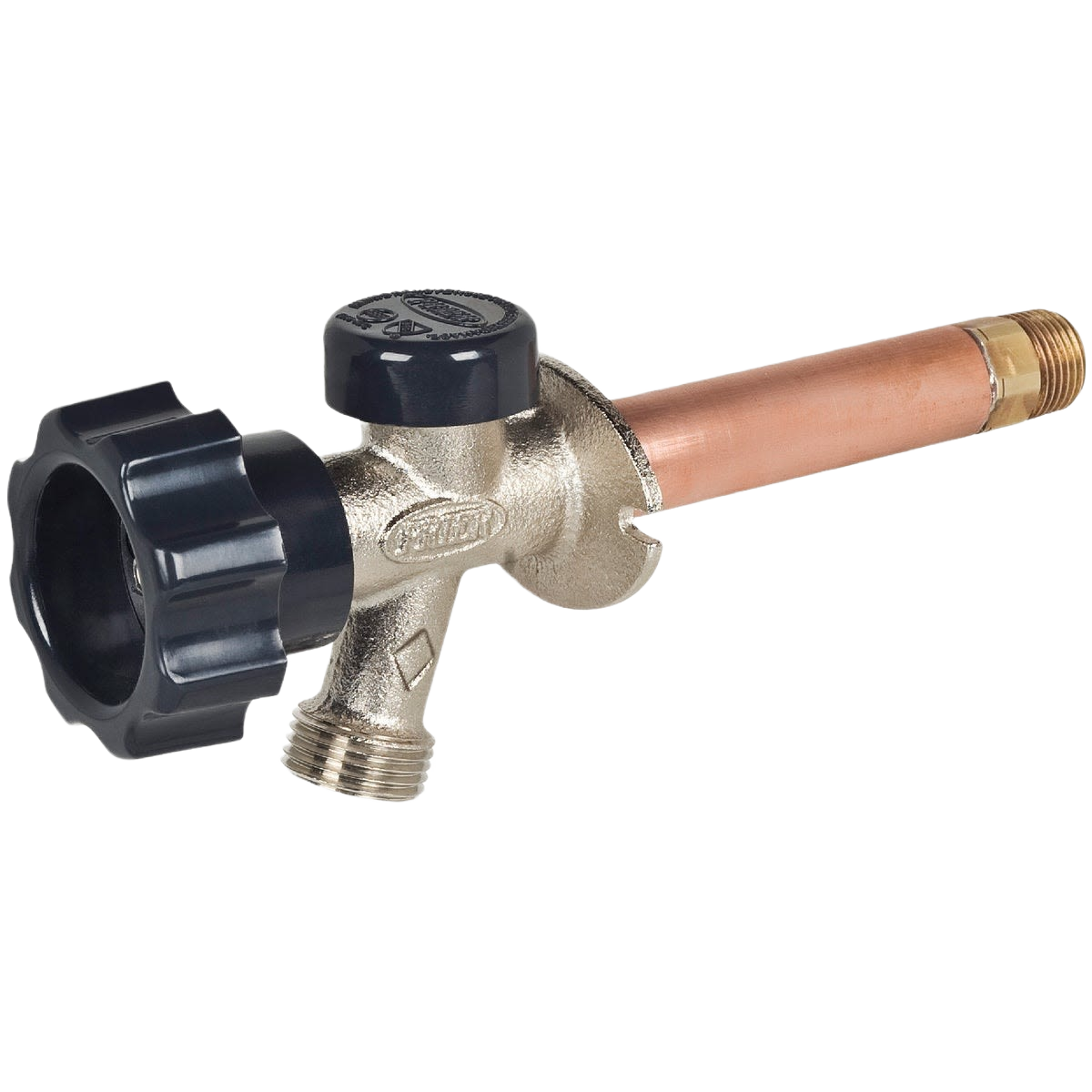 Brass anti-siphon wall hydrant with copper pipe and black plastic valve knobs for home improvement use