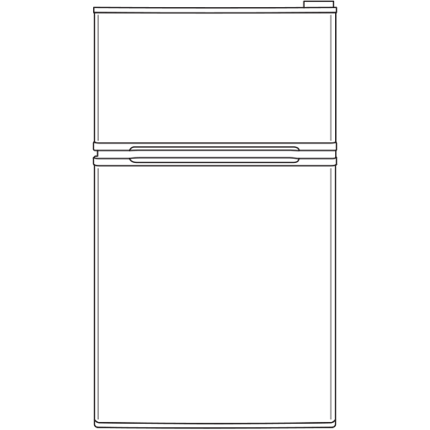 Outline drawing of a compact double-door refrigerator with freezer on top in kitchen appliance collection
