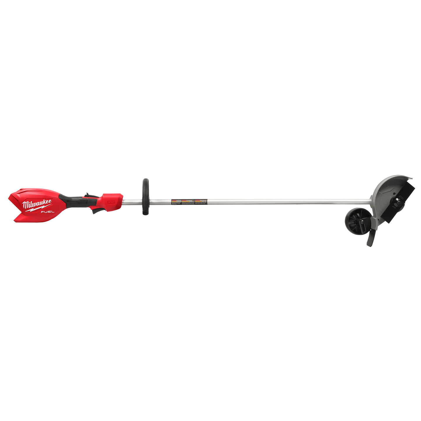 Red and black outdoor edger with long shaft, rotating wheel, and ergonomic handle for lawn and garden maintenance tools