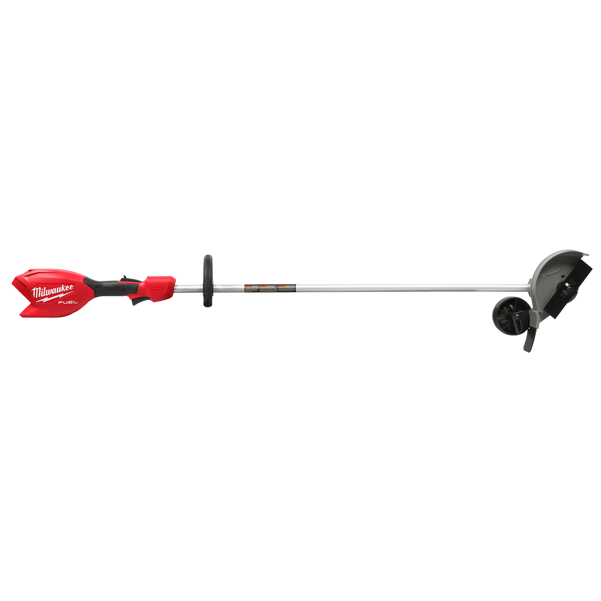 Red and black outdoor edger with long shaft, rotating wheel, and ergonomic handle for lawn and garden maintenance tools