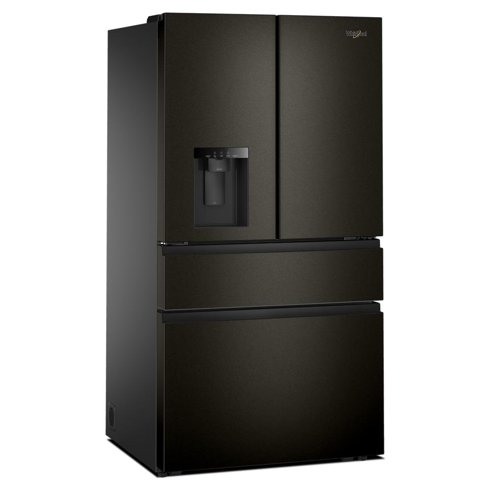 Matte black Whirlpool French door refrigerator with flexible temperature drawer and in-door water dispenser from appliances collection