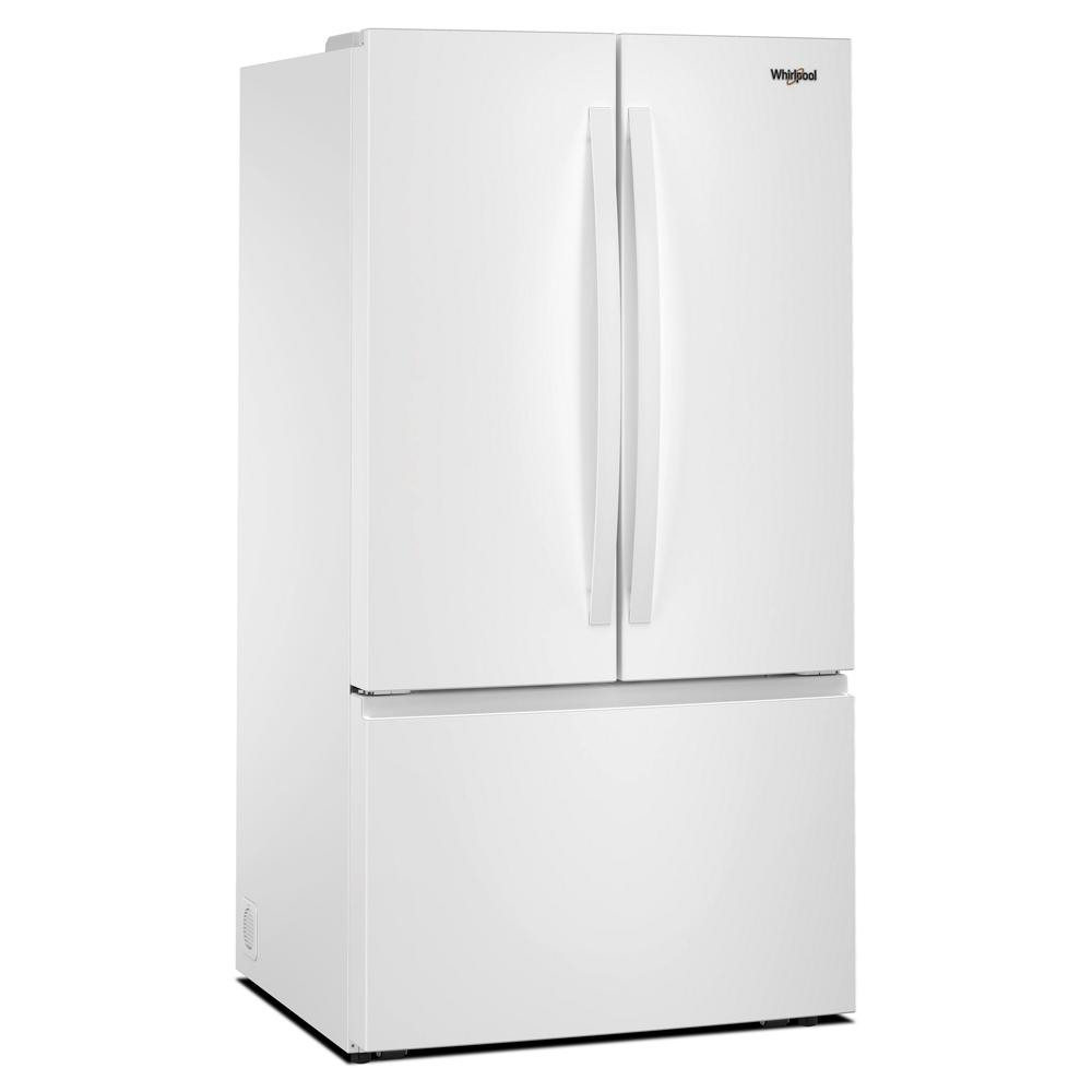 White 36-inch French door refrigerator with bottom freezer drawer and curved handles in kitchen and appliance collections