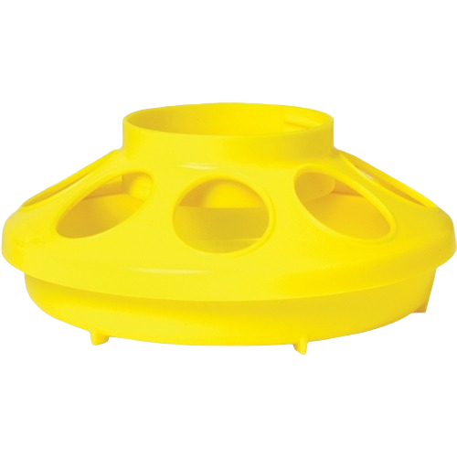 Yellow plastic feeder base with circular openings designed for poultry feeding in home and farm use