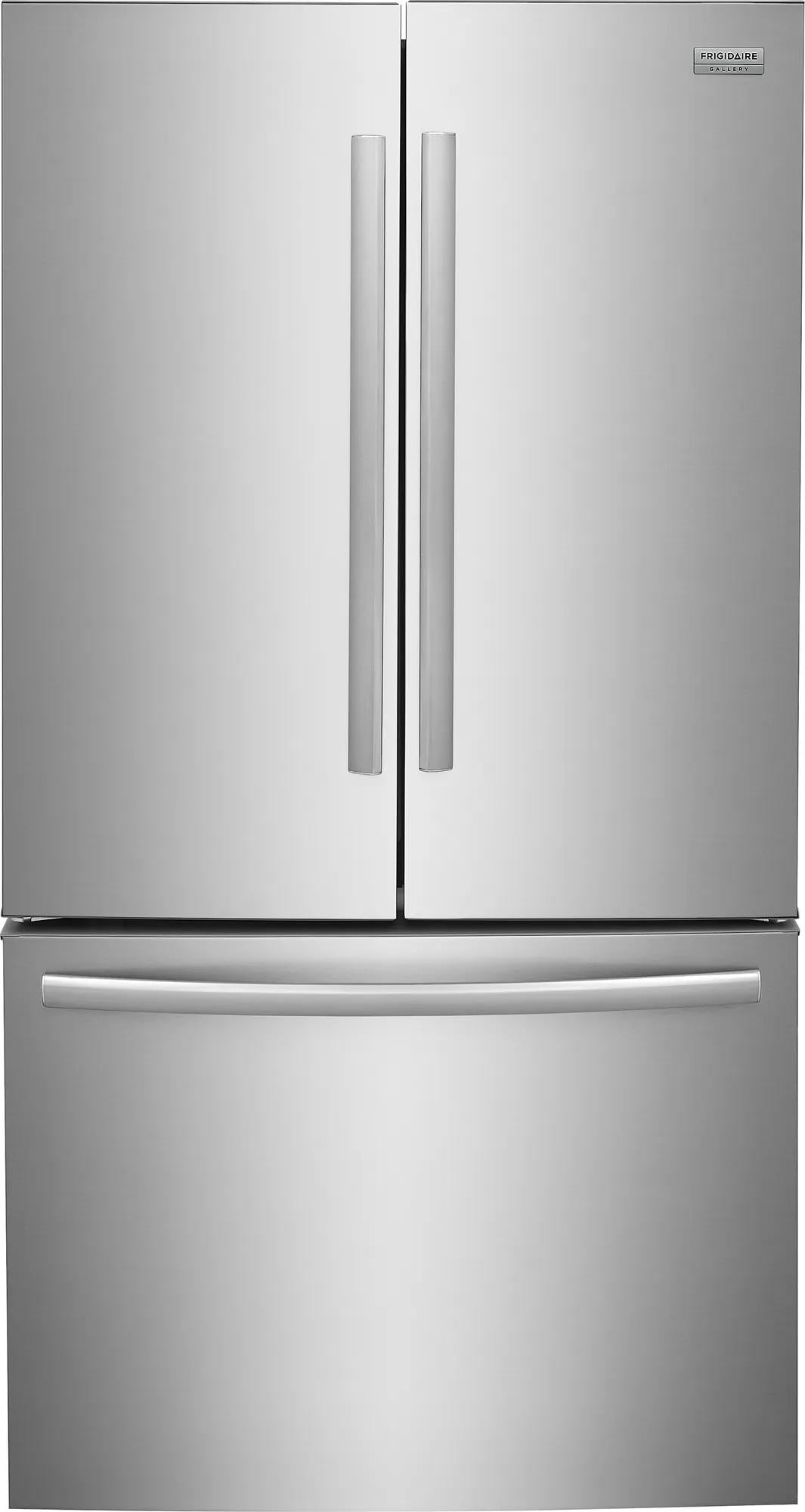 Standard-depth French door refrigerator with spacious bottom freezer drawer and sleek stainless steel finish in kitchen appliances collection