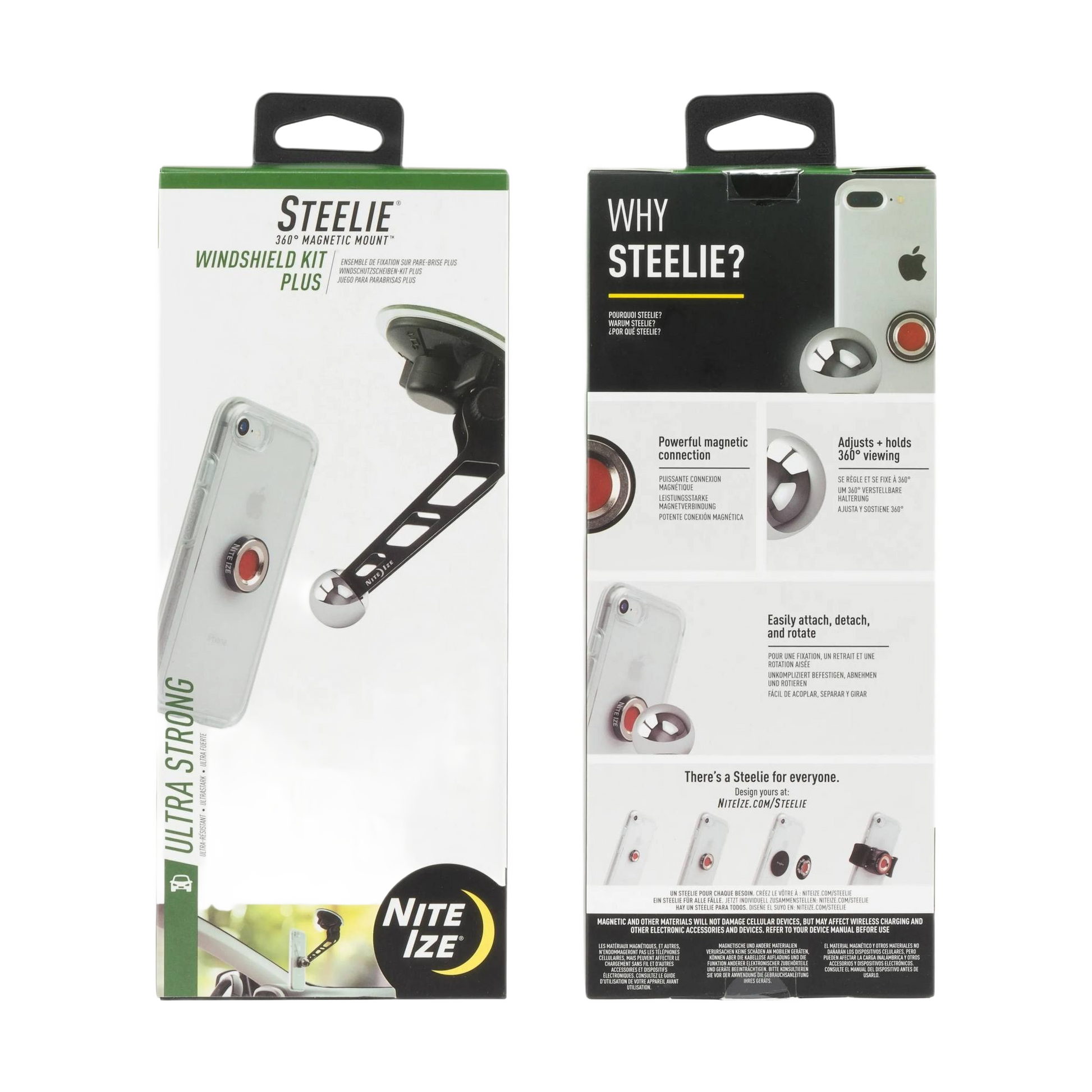 Packaging of Nite Ize Steelie windshield mount kit with magnetic phone holder and adjustable arm for tools and home improvement