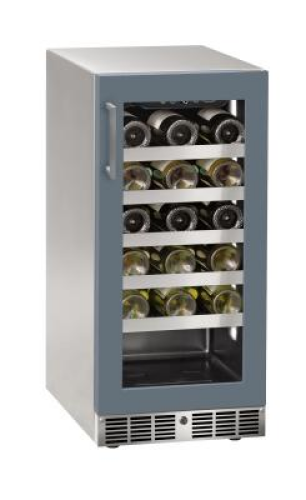 Compact stainless steel wine cooler with glass door and multiple shelves for kitchen and appliance collections
