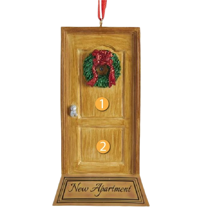 Wood-look door ornament with green glitter wreath and red bow for Christmas ornaments and tree decorations
