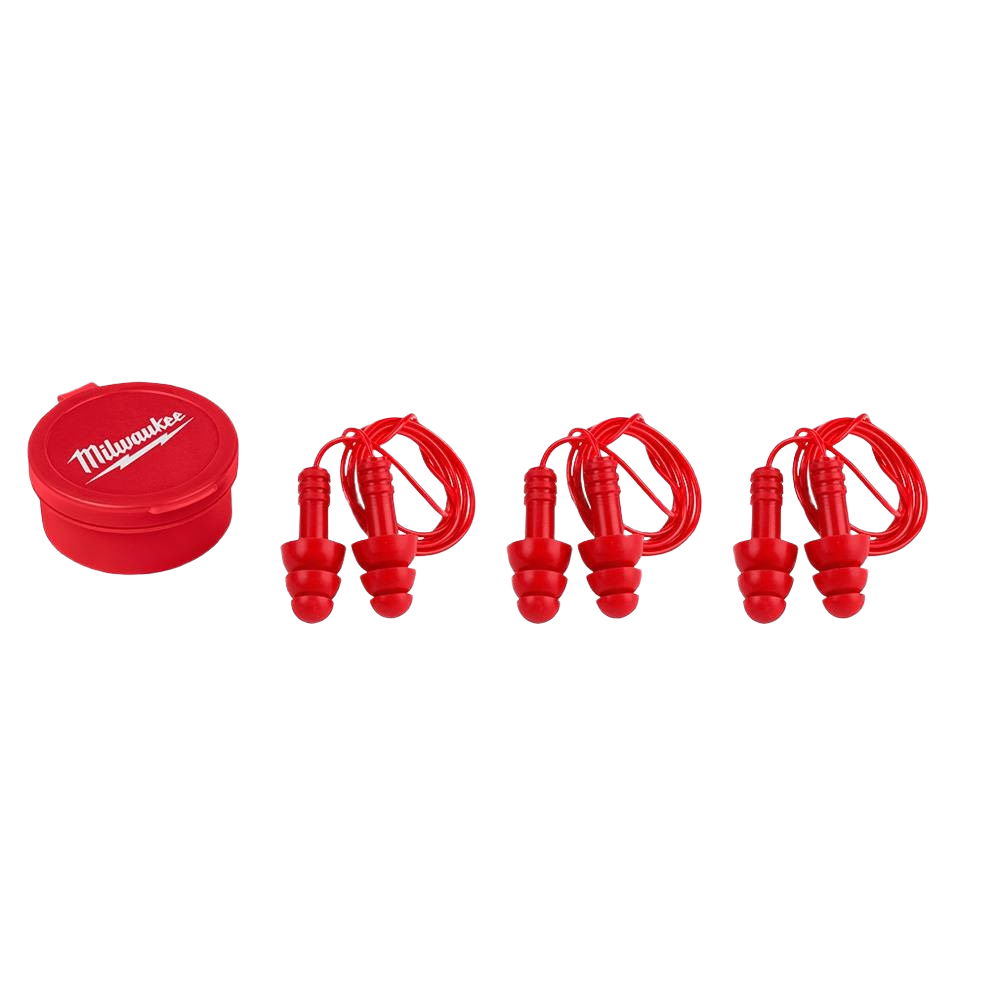 Three pairs of red reusable corded ear plugs with round branded storage case for hearing protection gear