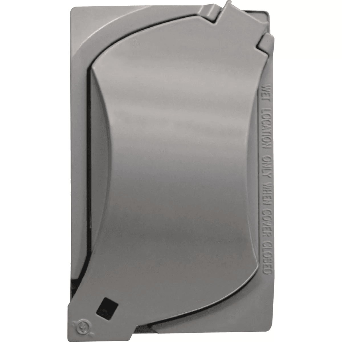 Gray weatherproof electrical cover for single gang boxes, usable in vertical or horizontal mounting for home improvement tasks