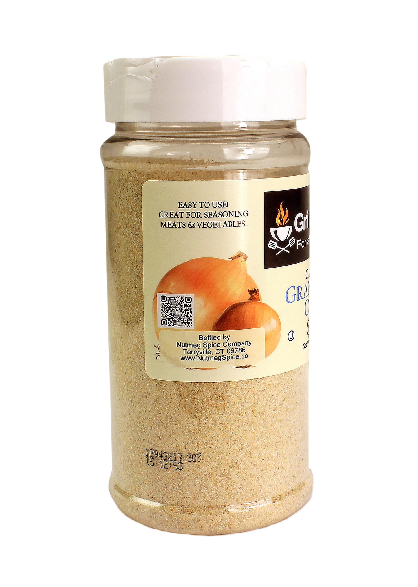 Clear seasoning jar with granulated onion spice for grilling and outdoor cooking in BBQ Sauces & Rubs under $50 collection