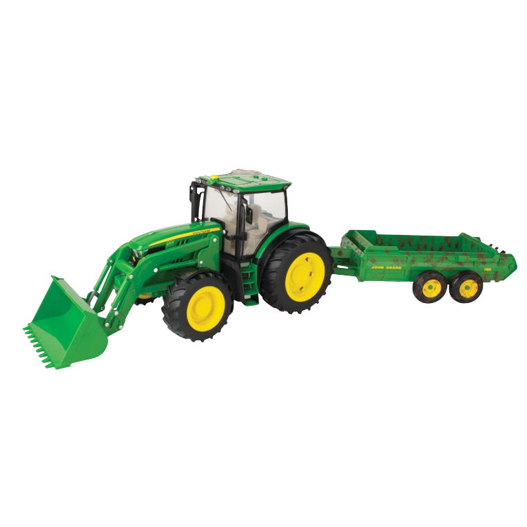 Green toy tractor with yellow wheels and attached green spreader for tools and home improvement play