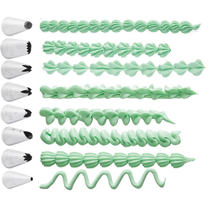 Stainless steel piping tips with various green icing patterns for bakeware and kitchen gadgets under $50 collections