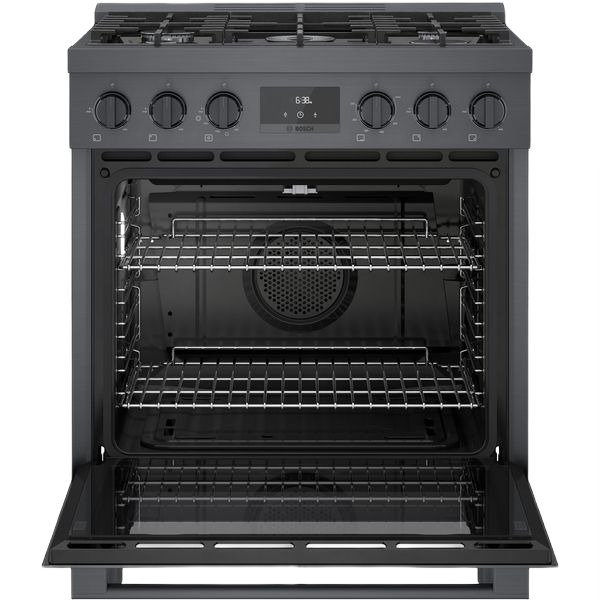 30-inch black stainless steel gas range with five burners, convection oven, and metal knobs in kitchen appliances collection