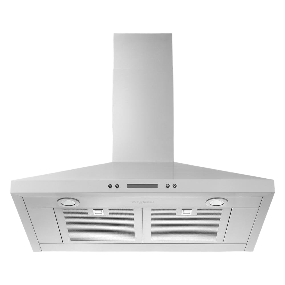 Stainless steel chimney wall mount range hood with dual dishwasher-safe grease filters and LED lighting in Appliances collection