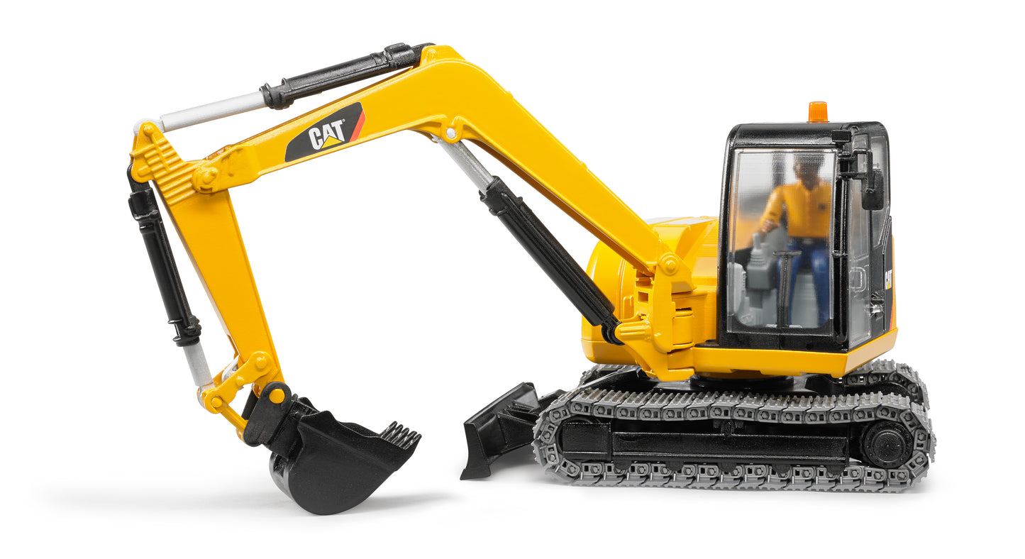 Yellow Bruder Cat mini excavator toy with movable arm and worker figure for imaginative play and construction role activities