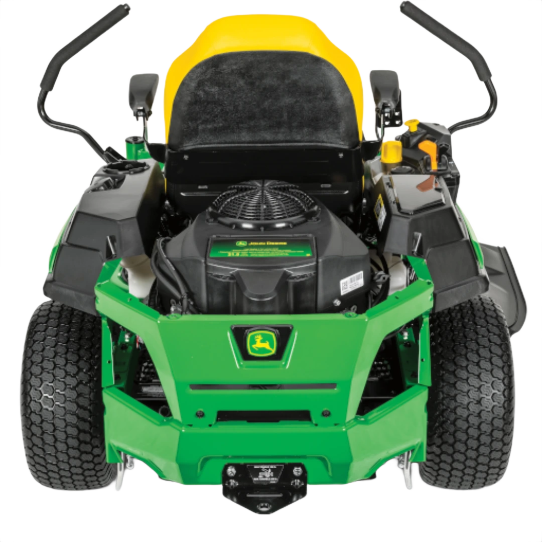 Rear view of green zero-turn mower with yellow seat designed for efficient lawn care and home improvement tasks