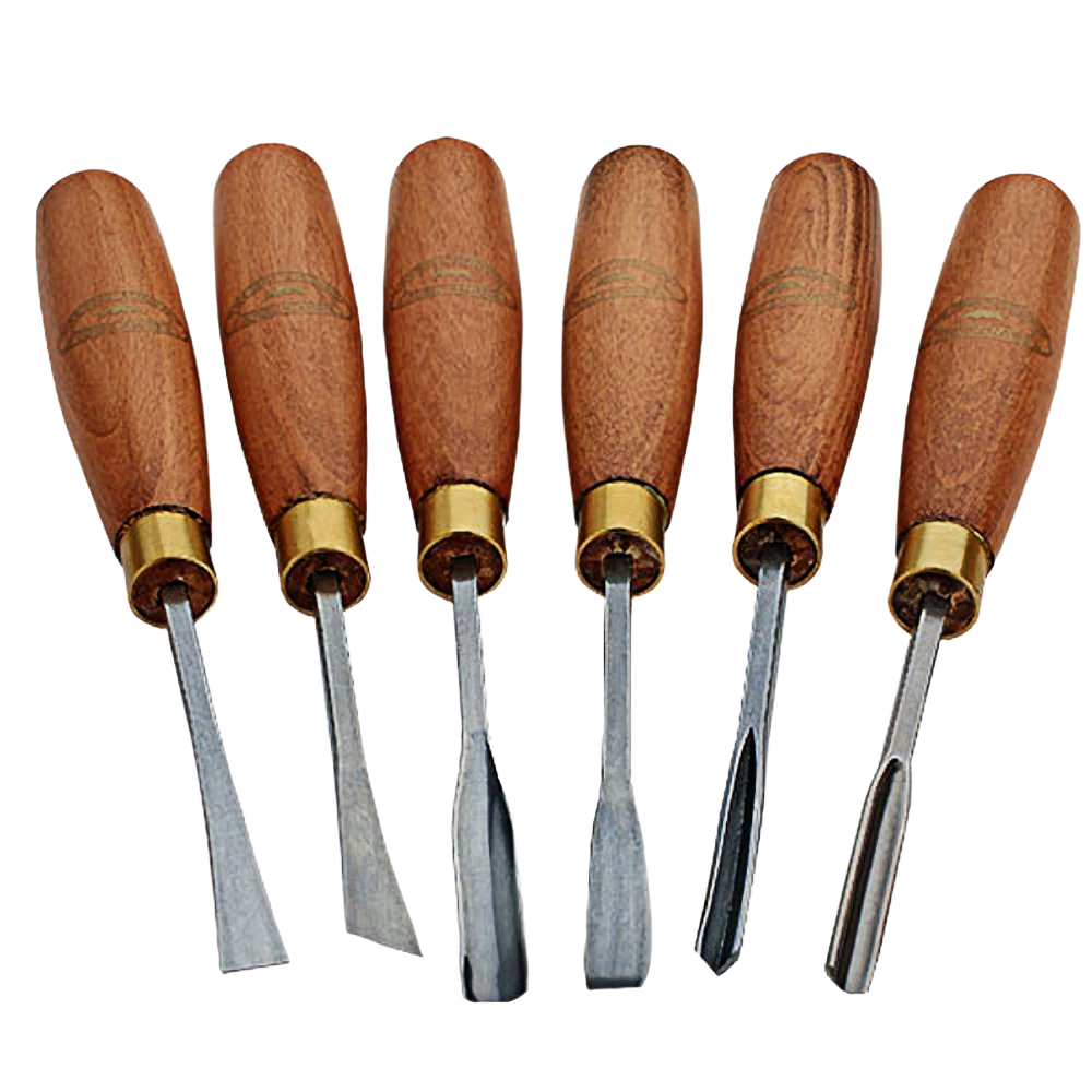 Set of six woodcarving tools with polished wooden handles and various steel blades for detailed woodworking tasks