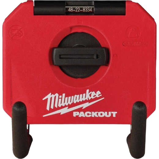 Red Milwaukee PACKOUT 4-inch straight hook with black mounting dial and protective end caps for tool and garage storage