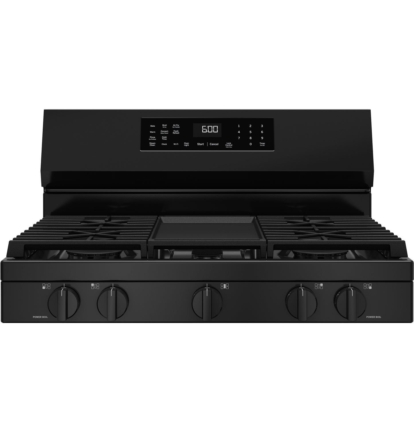 Black free-standing gas range with five burners and digital control panel in kitchen appliances and ranges collection