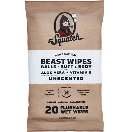 Package of unscented flushable wet wipes with aloe vera and vitamin E for gentle cleansing and skin care