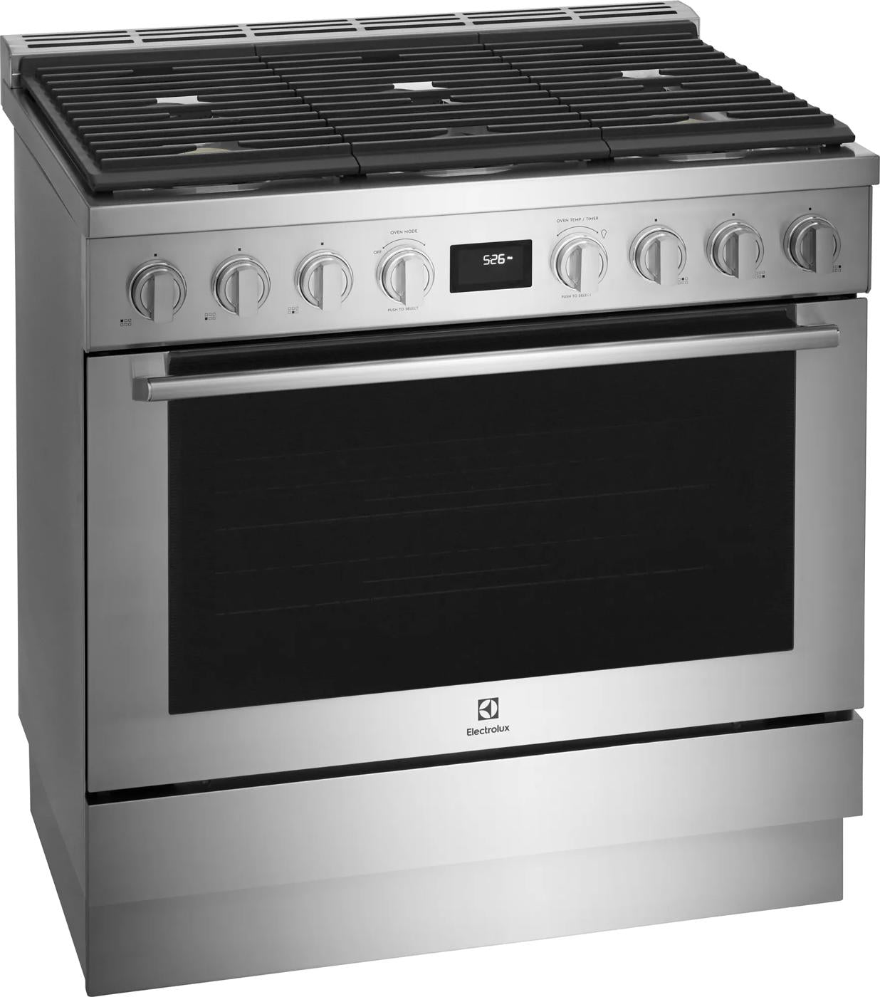 Stainless steel 36-inch dual-fuel range with gas cooktop, electric oven, control knobs, and digital display in appliance collection