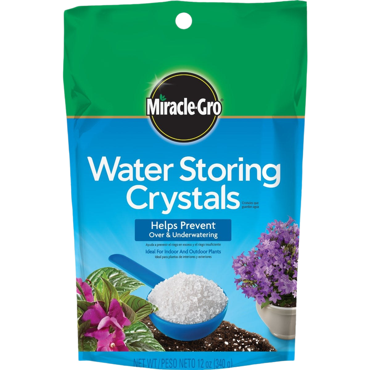 Blue-green package of Miracle-Gro water storing crystals with gardening scoop and flowering plants for home improvement use