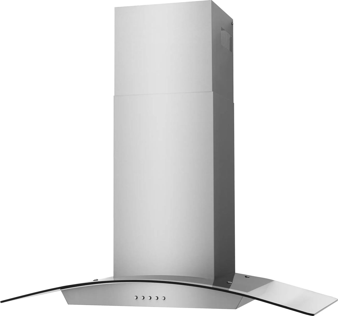 curved glass canopy hood with stainless steel chimney and button controls in range hoods collection