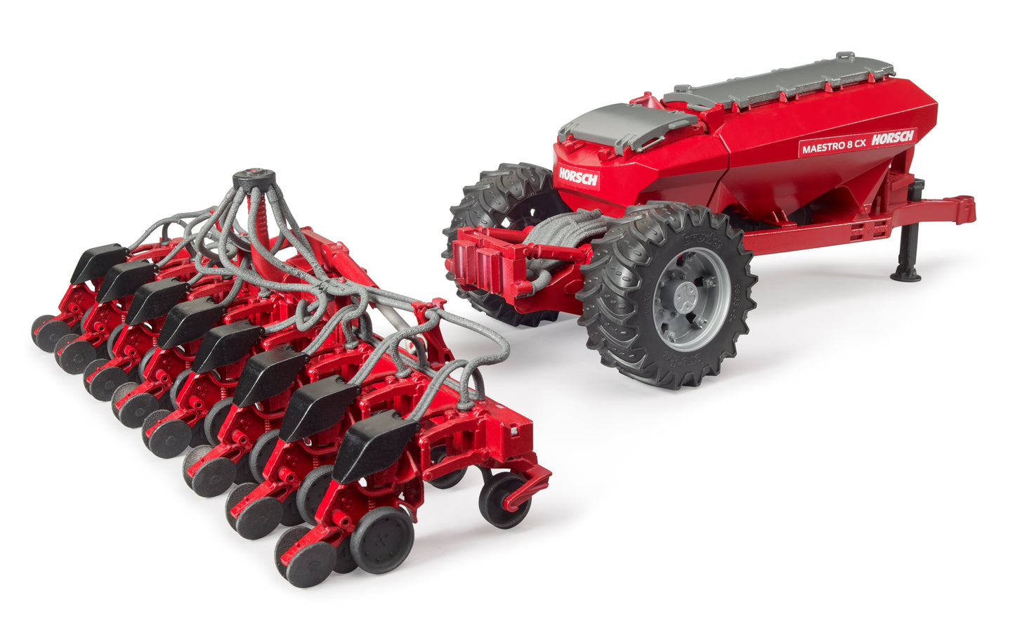Red model agricultural seeder with multiple planting units and large rugged tires in Toys & Games collection