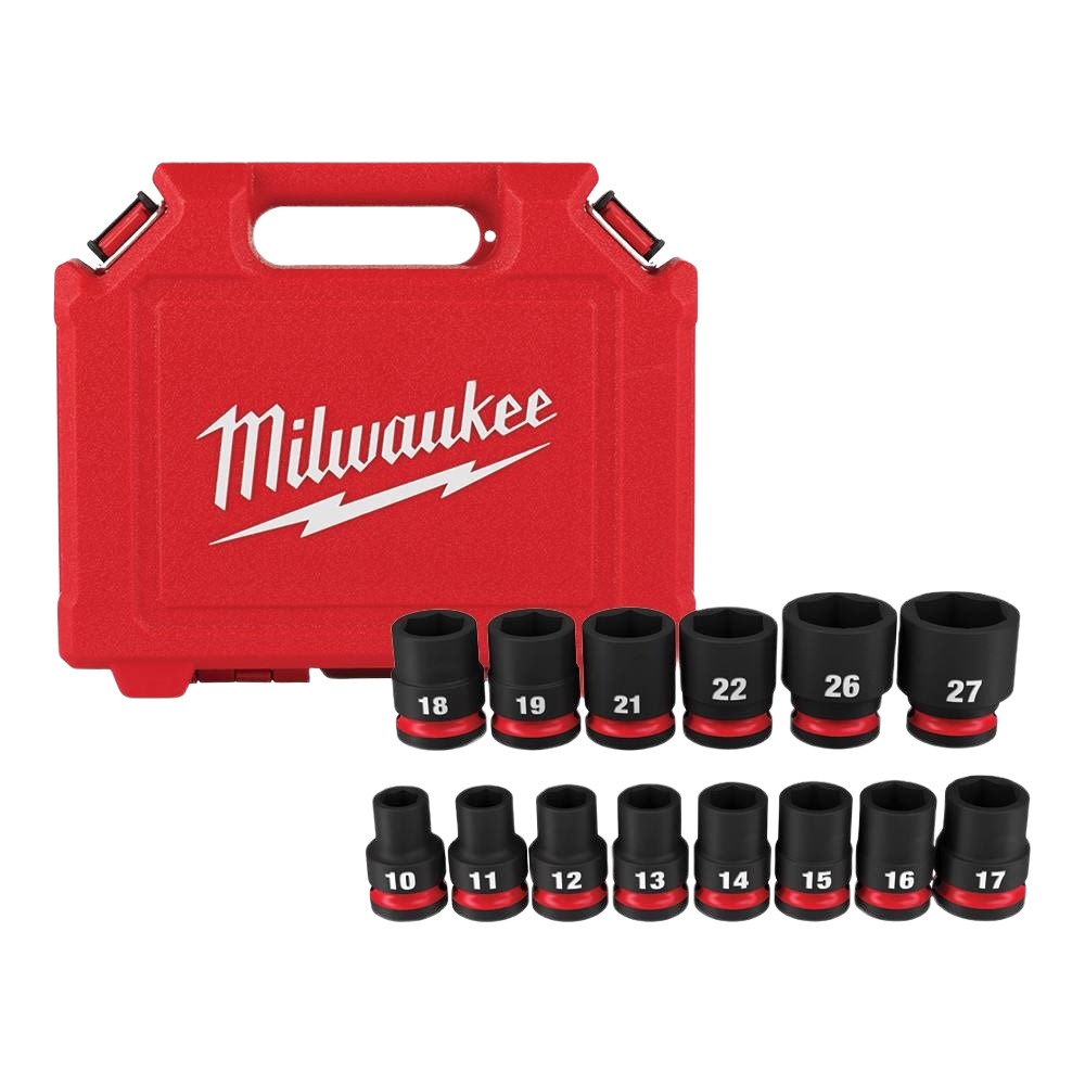 Set of 14 metric 6 point impact sockets with red and black finish and sturdy red Milwaukee storage case for hand tools.