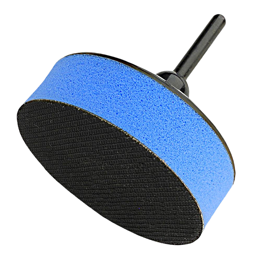 Blue sanding sponge pad with black backing and drill attachment for woodworking tools under $50 collections