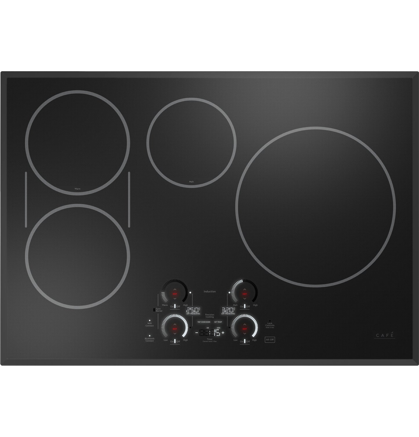 Black glass built-in induction cooktop with touch control and four cooking zones in kitchen appliance collection
