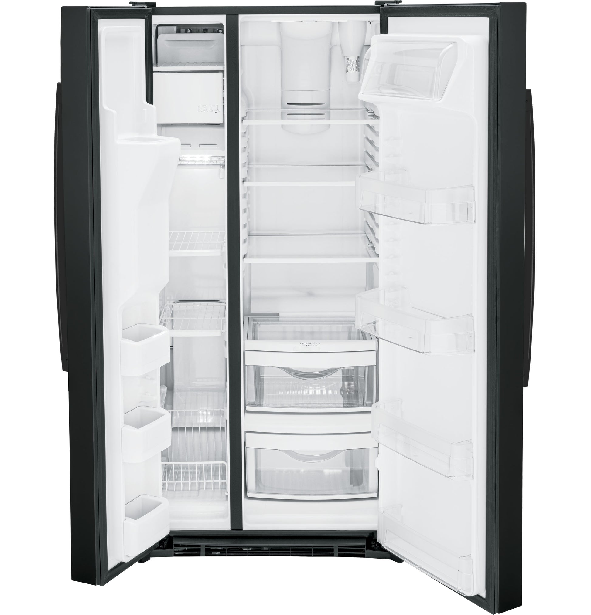 Black side-by-side refrigerator open with adjustable shelves, door bins, and freezer compartment visible for kitchen appliances collection