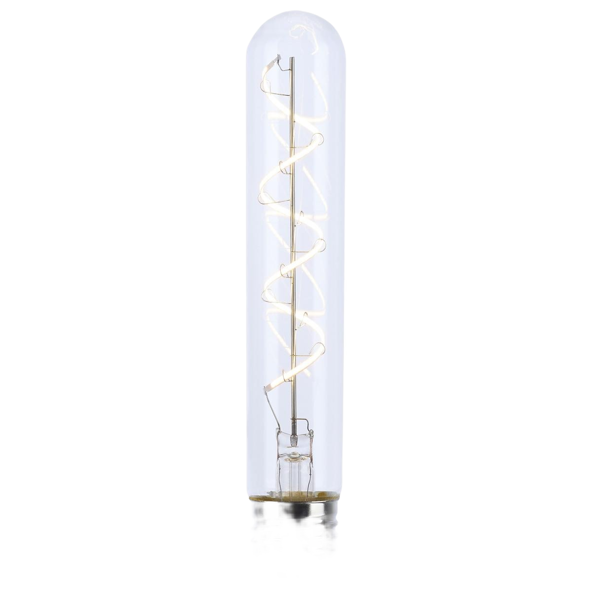 Clear tubular LED bulb with gray coil filament for warm white lighting in LED light bulbs and electrical collections