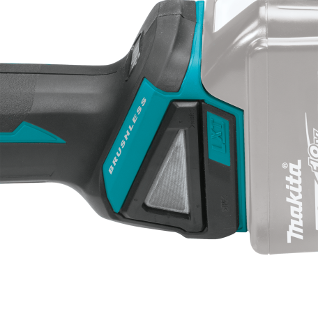 Close-up of brushless cordless power tool handle with teal accents for tools and home improvement projects