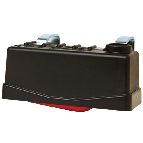 Black plastic float valve with metal mounting brackets for water level control in tools and home improvement tasks