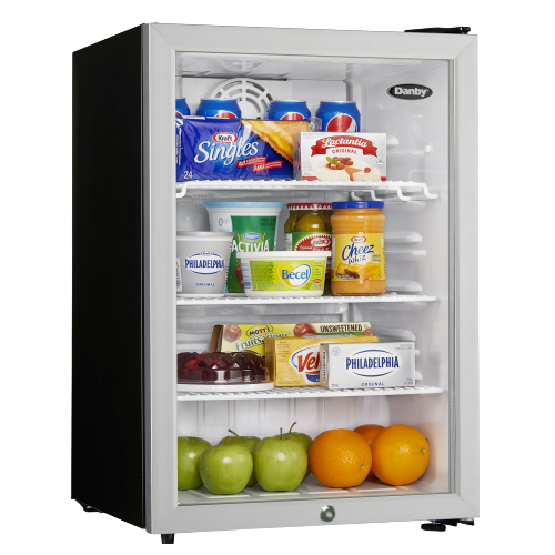 Compact 2.6 cuft commercial-rated refrigerator with glass door and adjustable wire shelves in kitchen and appliances collection