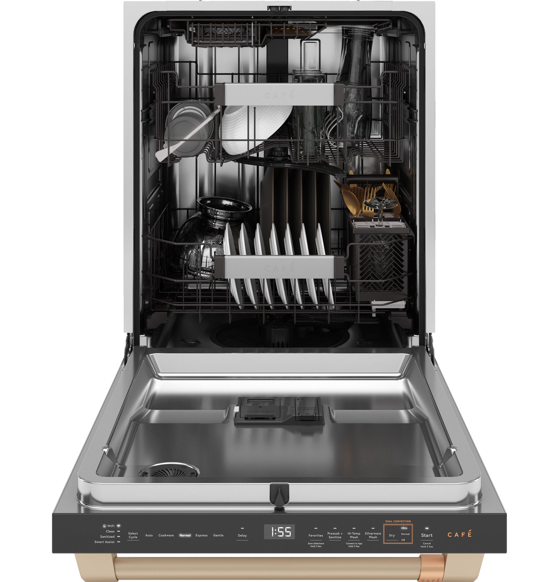 Open built-in dishwasher with stainless steel interior showing loaded upper and lower racks from Built-in Dishwashers collection